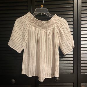 WHITE AND BROWN STRIPED OFF THE SHOULDER TOP